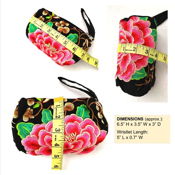 Embroidered Floral Fabric Wristlet Pouch Black Pink 3-Layer Zipper Wallet Lined - Picture 10 of 11